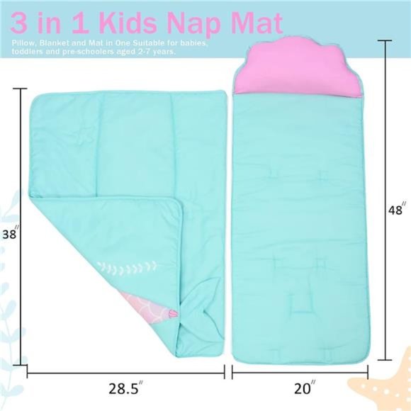 Toddler Nap Mat with Removable Pillow and Blanket - Pink Mermaids 48 x 20 - Picture 6 of 7